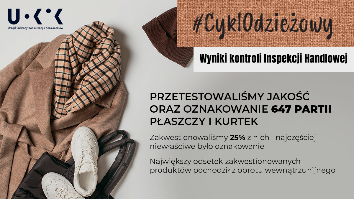 W lewym górnym rogu znajduje się logo UOKiK, a w prawym hasztag CyklOdzieżowy. Po lewej umieszczone jest zdjęcie odzieży, a na prawo od niego tekst: Wyniki kontroli Inspekcji Handlowej. Przetestowaliśmy jakość oraz oznakowanie 647 partii płaszczy i kurtek. Zakwestionowaliśmy 25% z nich – najczęściej niewłaściwe było oznakowanie. Największy odsetek zakwestionowanych produktów pochodził z obrotu wewnątrzunijnego .